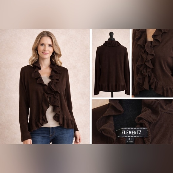 Elementz Brown Ruffled Cardigan - Picture 6 of 8